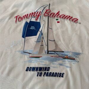Tommy Bahama Embroidered Silk Shirt Sailing DOWNWIND TO PARADISE SZ XL Cream E45